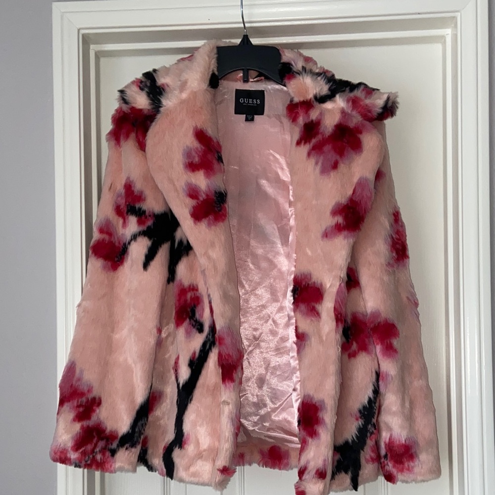 GUESS Pink Cherry Blossom Floral Faux Fur Jacket